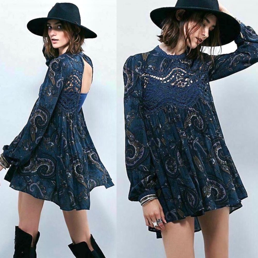 Free People Navy Paisley Long Sleeve Mini Dress